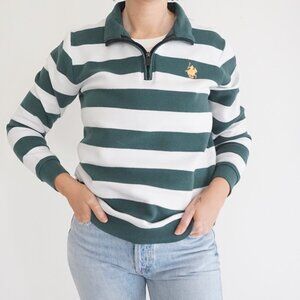 French Clique Polo Club Green White Rugby Stripe Quarter Zip Preppy Pullover M